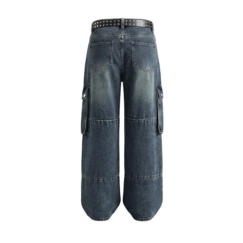 Men's Vintage Washed Blue Cargo Jeans Wide Leg Denim Pants with Pockets