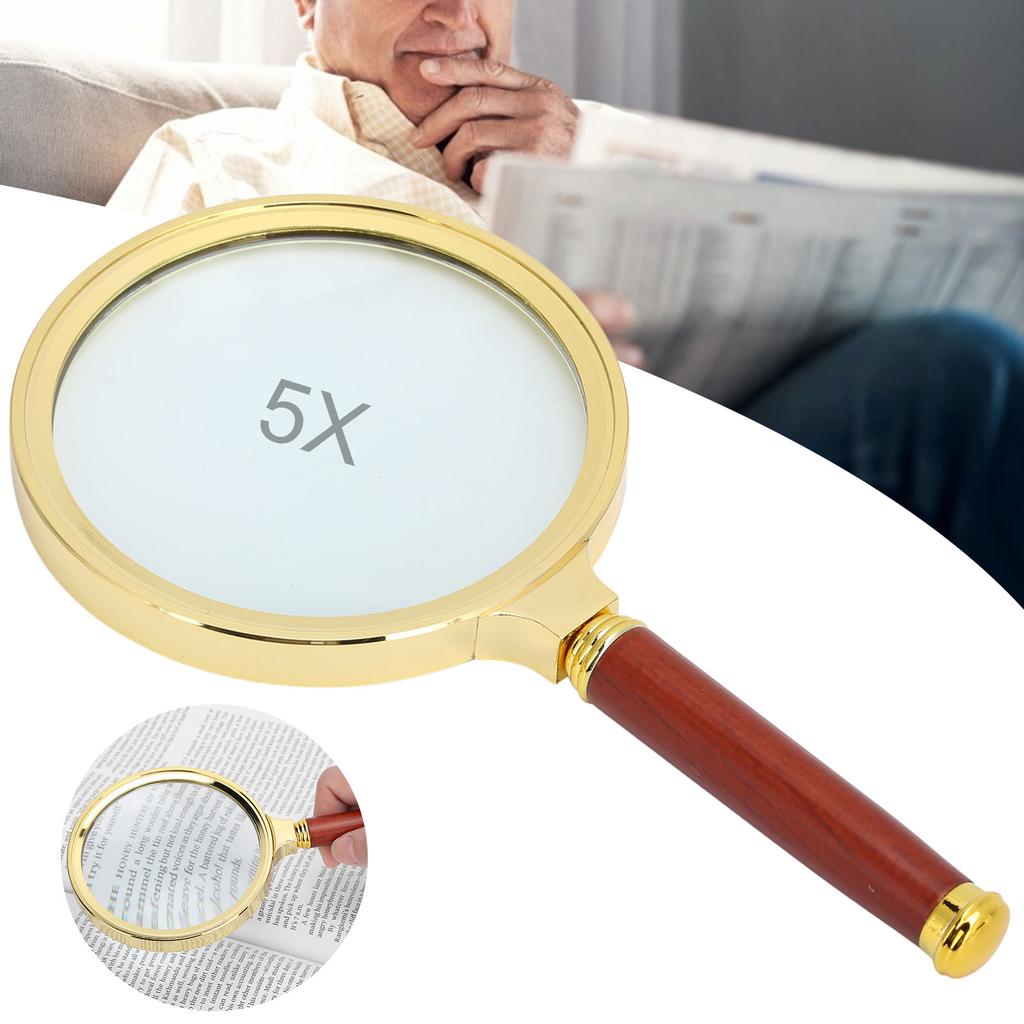 5X Förstoringsglas 90mm Handhållet Förstoringsglas Trähandtag Förstoringsglas för Läsning