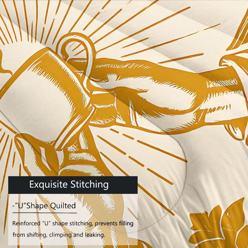 Unique Sacred Coffee Comforter Set Golden Sunburst Angel Hands Holding Coffee Cup Print Quilt Set Retro Bedding Set Home Decor