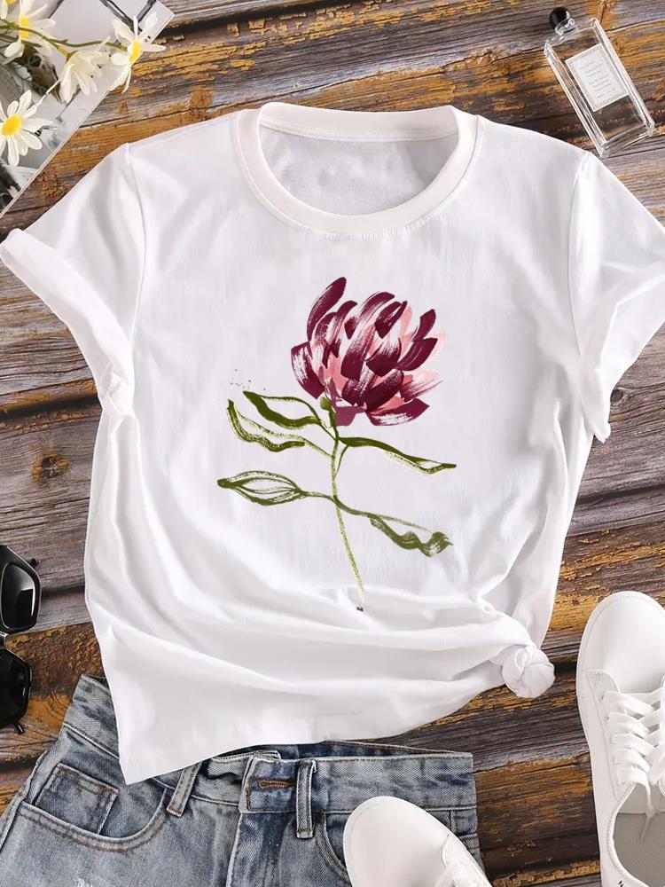 (Asian Size) o-neck T Shirt Printed Female style flower cute Top Lady Clothing Casual Fashion Women Graphic Tee Short Sleeve T-shirts