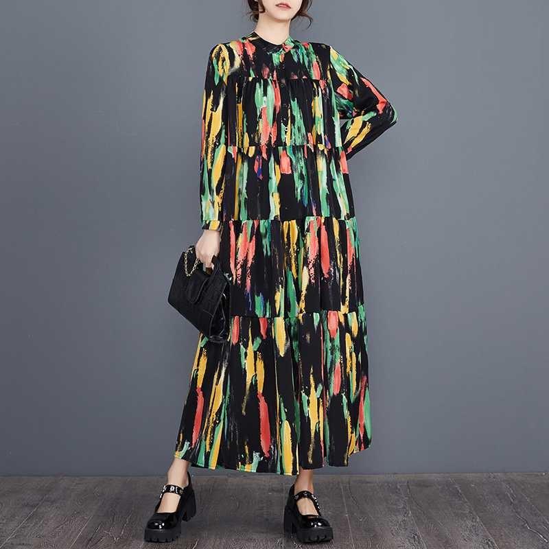 Real Spot Spring and Summer New Loose Large Size Fashion Printing Splicing Long Sleeve Cake Dress Dress