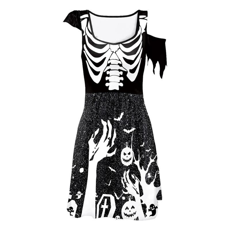 Halloween Skirt Skeleton Print Dress Irregular Waist Casual Skirt Women