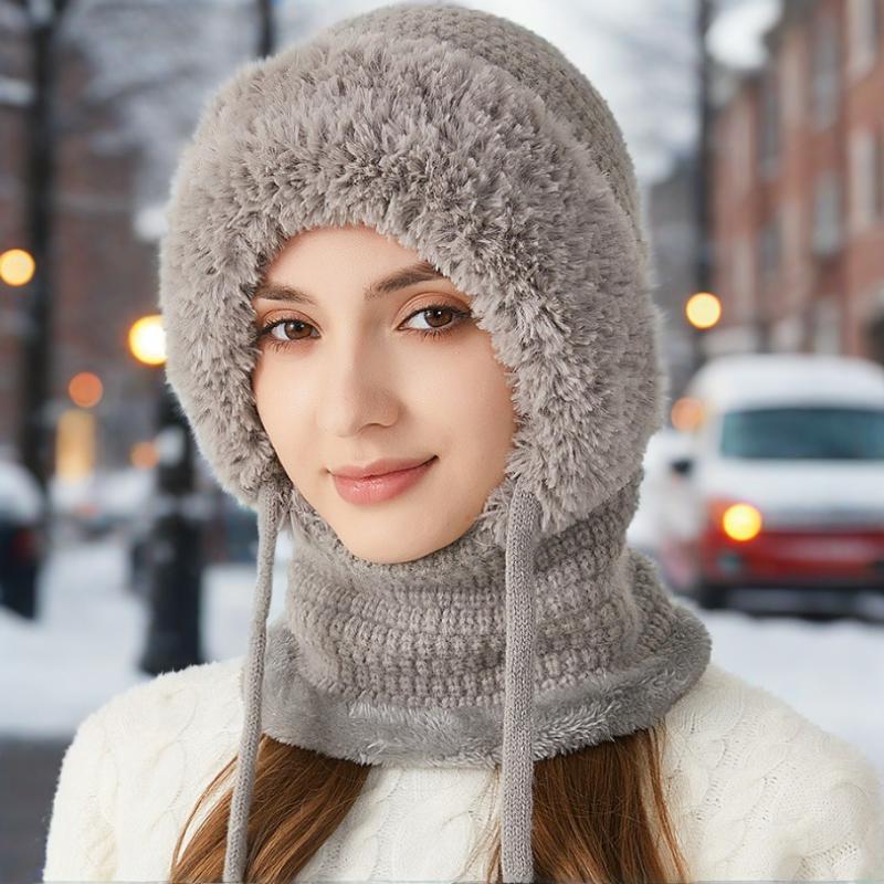 One-piece hat plus velvet thickened face-covering knitted hat, bib, mask, warmth kit