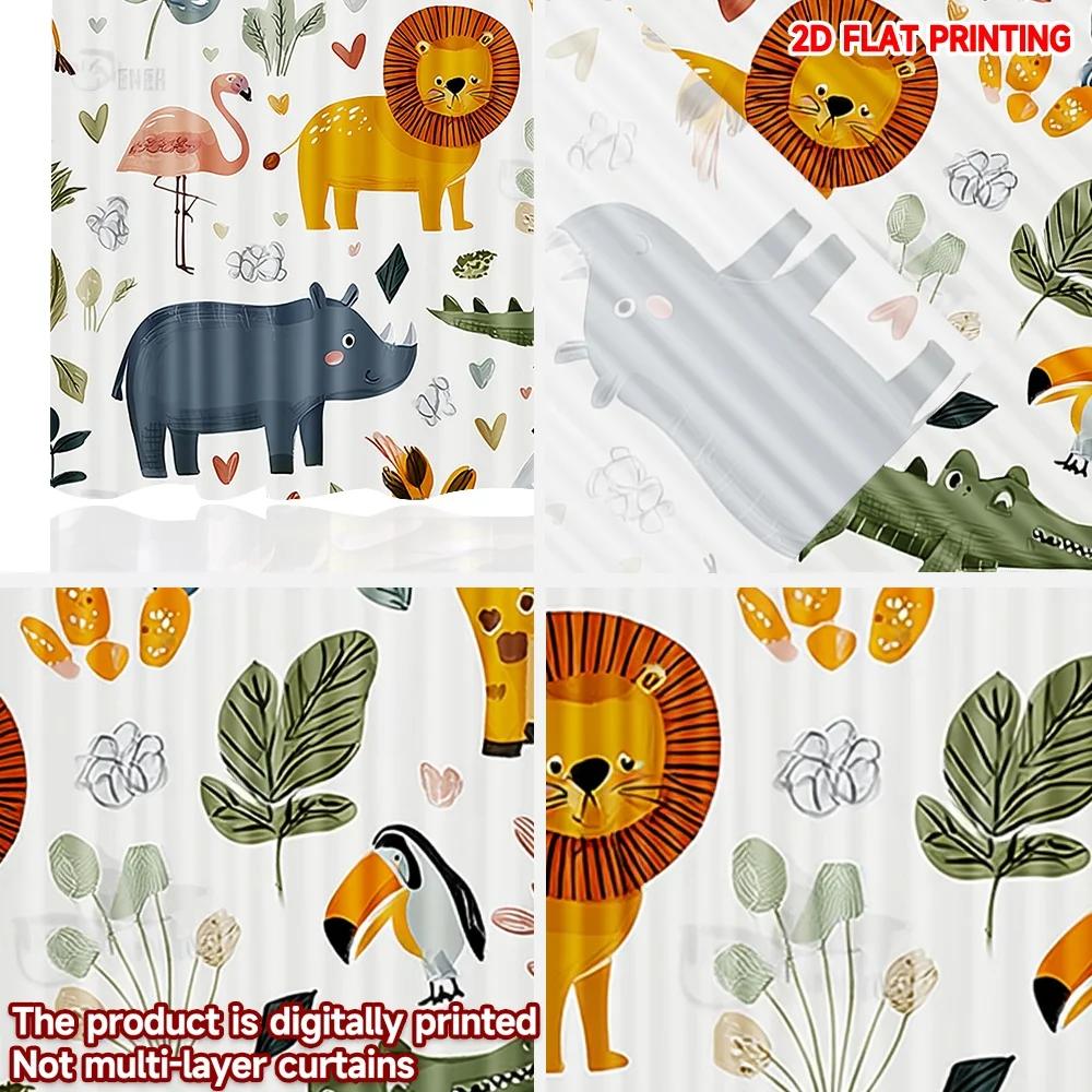 Set Of 2 Cartoon Animal Curtains Elephant Giraffe Lion Hippo Flamingo Toucan Crocodile Leaves Hearts Kids Room Decor Curtain Polyester Ideal For