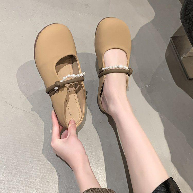 Pearl Bag Head Half Slippers Women's Summer Wear 2025 New Flat Bottom Half Tray Women's Shoes Soft Sole Out French Cool Slippers