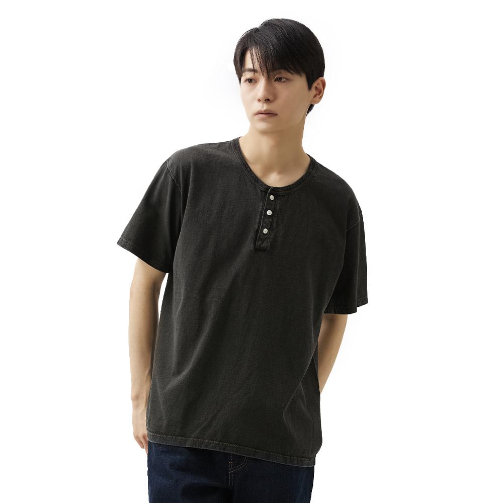 Guson Henley Neck Short Sleeve T-Shirt - Pigment Black
