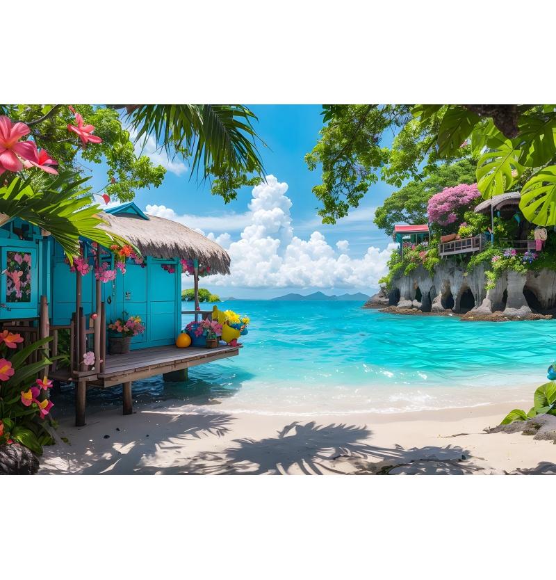 Summer Seaside Party Backdrops For Photography Tent Fruits Beach Palm Trees Holiday Camping Party Background Decor Photo Studio