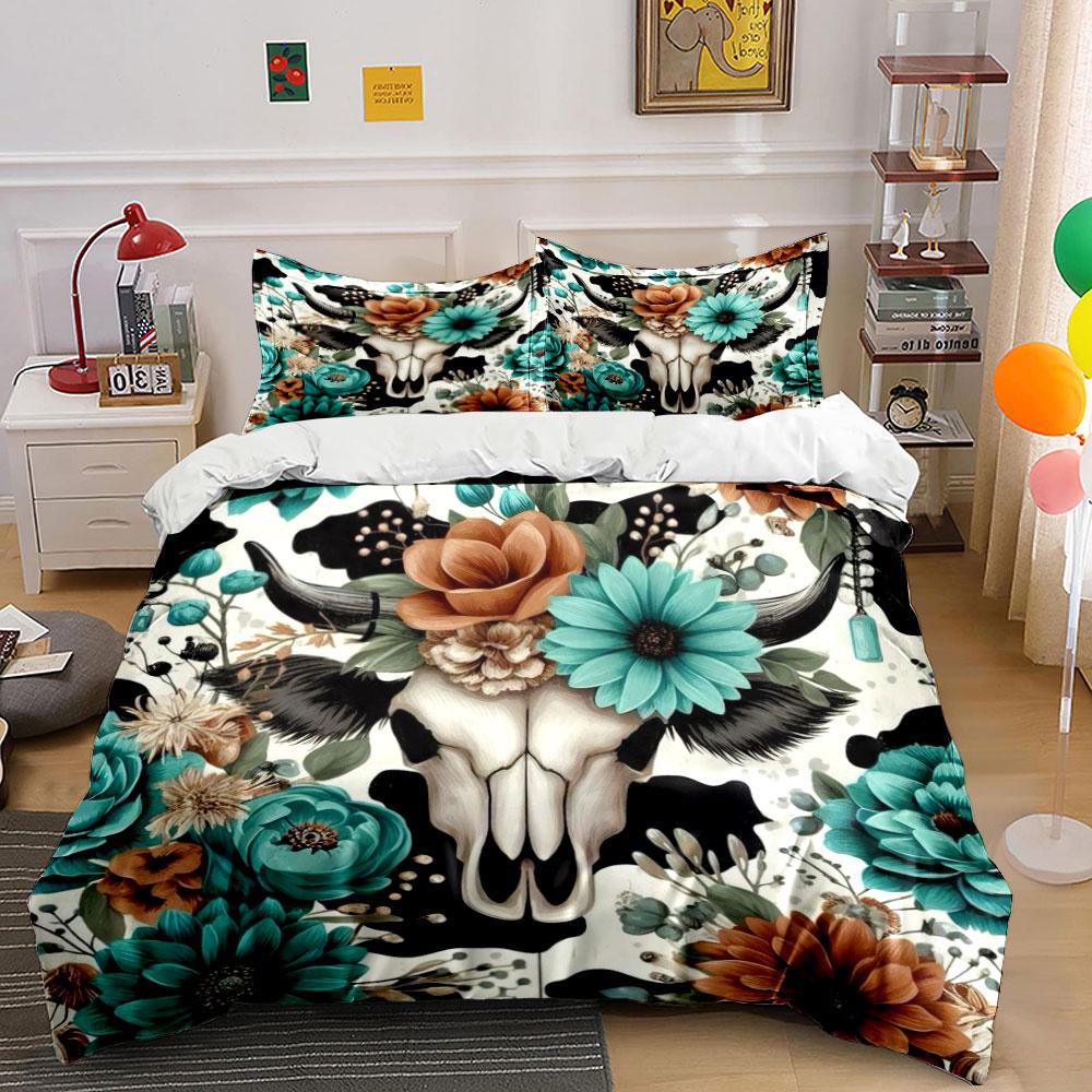 Floral Bull Skull Bedding Set Bedding Duvet Cover Set Duvet Cover Pillowcases (1 * Duvet Cover 2 * Pillowcases, Without Duvet Insert)