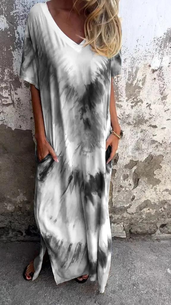 Summer New European And American Style Women'S Clothing Casual Loose Short-Sleeved V-Neck Split Fork Gradual Change Tie-Dye Long Dress
