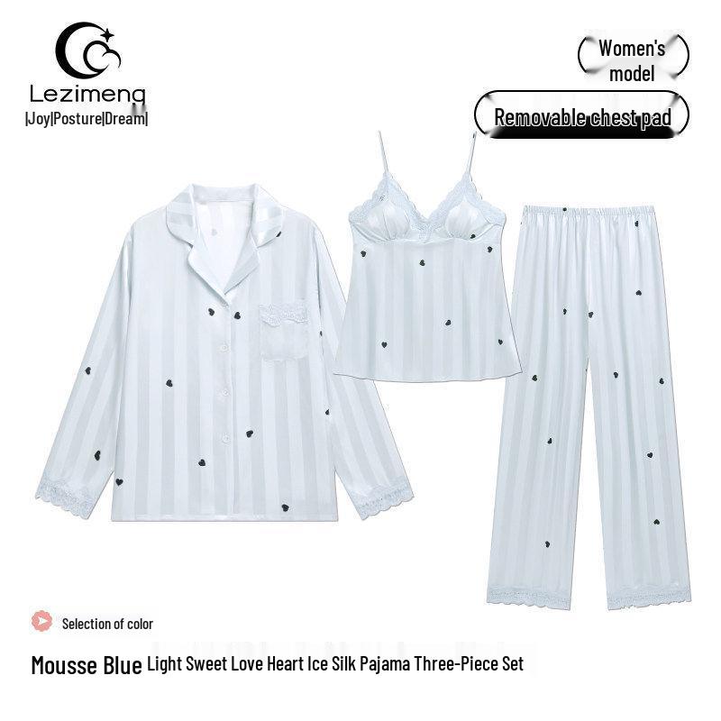 

Women’s Ice Silk Pajama Set with Built-In Bra – Three-Piece Long Sleeve Camisole for Spring and Autumn, Sexy and Luxurious Home Wear Large