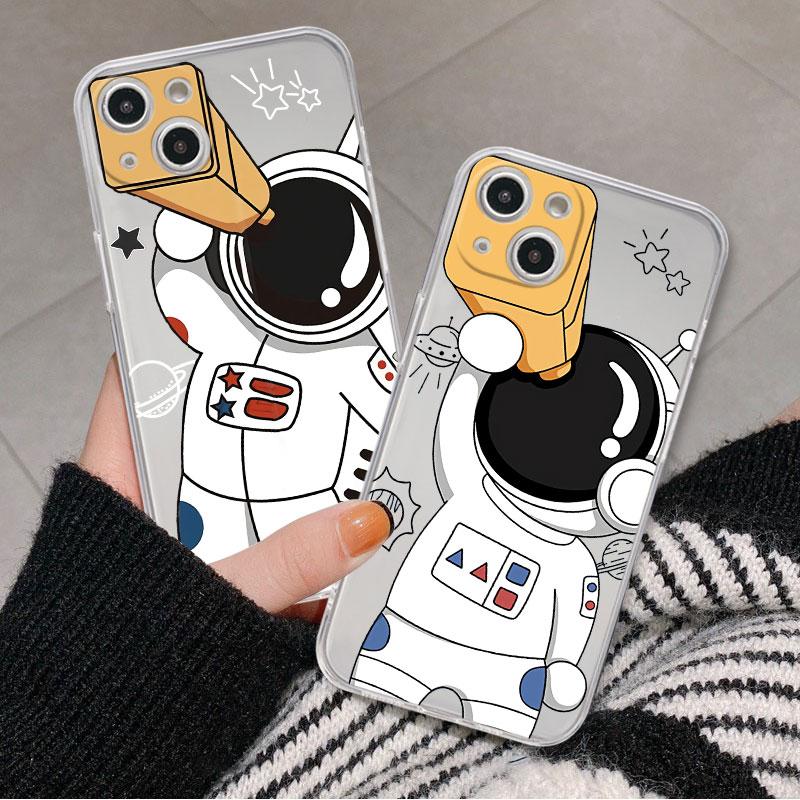 Astronaut Cute Case For iPhone 14 11 12 Pro 13 Pro Max XR XS X 6s 7 8 Plus SE 2020 13 Mini Luxury Shockproof Clear Cover