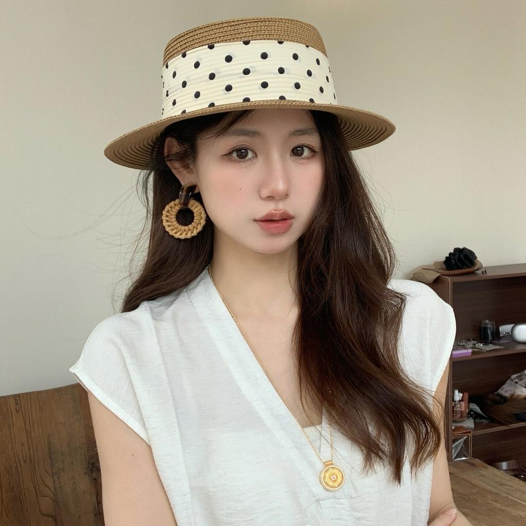 French Polka Dot Flat Top Straw Hat Women's Summer Seaside Vacation Beach Hat Sunshade Sunscreen Hemming Top Hat Sun Hat