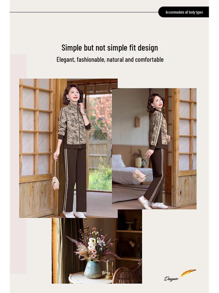 Conjunto de Roupa Esportiva da Moda Primavera e Outono para Mães de Meia-Idade e Idosas