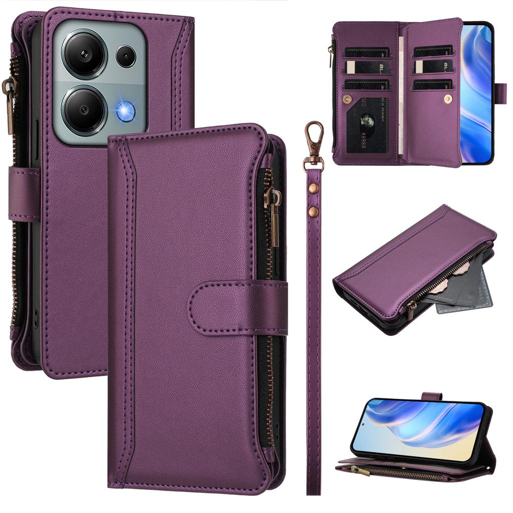 For Xiaomi Poco M6 Pro 4G/Xiaomi Redmi Note 13 Pro 4G Leather Case 9 Card Slots Zipper Wallet Stand Phone Cover with Wrist Strap