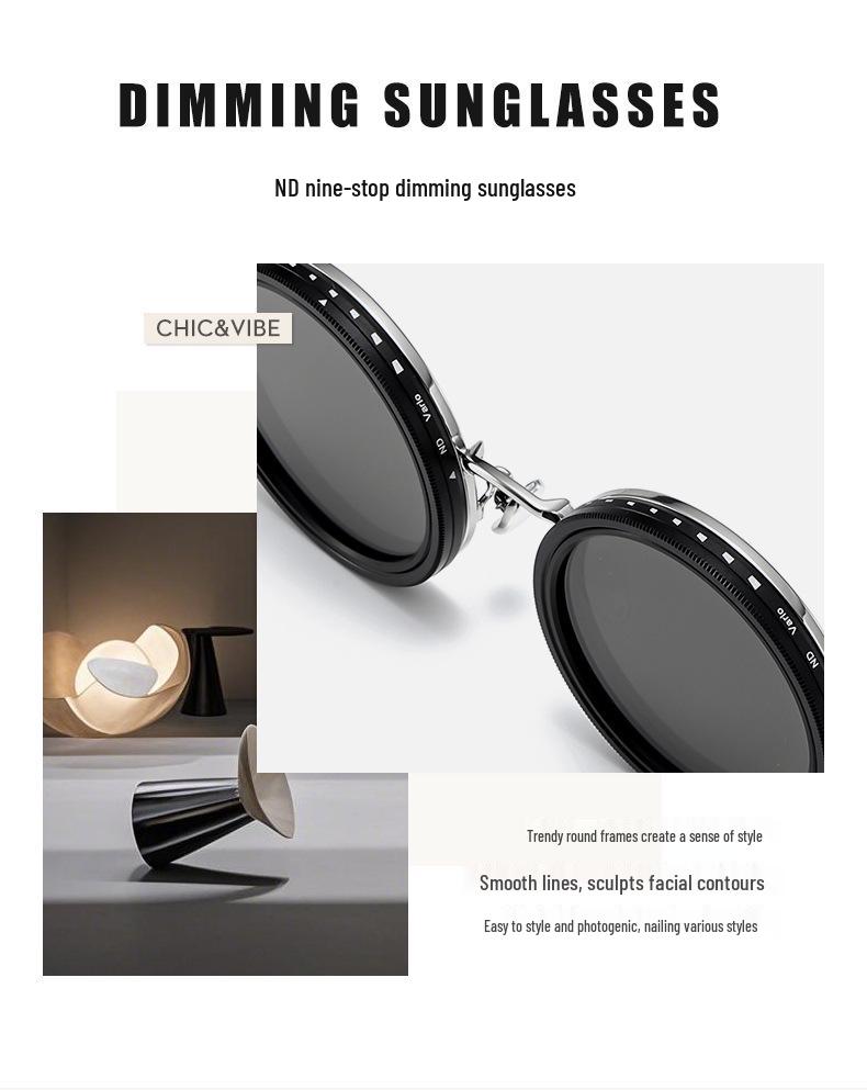 Nastavitelné polarizované sluneční brýle: Unisex Punkový Styl, Lehký Kulatý Rám, Redukce Světla s Otočným Filtrem Úrovně ND9