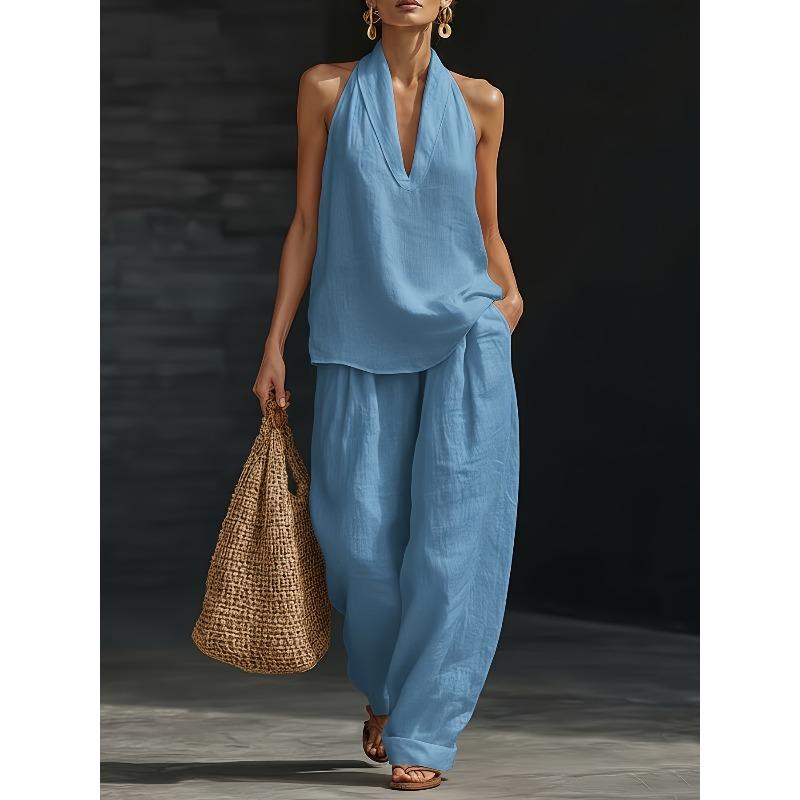 Set 2 Pezzi 2026 Stile Vacanza da Donna e Set Collo in Lino Top Senza Maniche Scollo a V Lento Pantaloni a Gamba Larga Set Due Pezzi