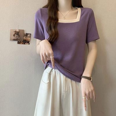Jerséis Elegantes de Colores Contrastantes Verano Nuevo Elegante Cuello Cuadrado Ropa Femenina Casual Empalmado Básico Camisetas de Manga Corta