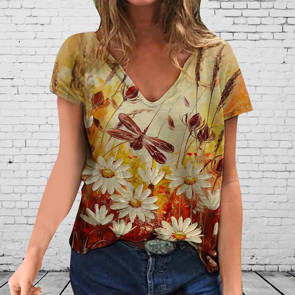 Plus Size Women Short Sleeve Printed V-Neck Tops Tee T-Shirt Blouse