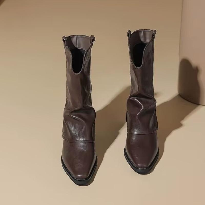 Fashion Vintage Pointed Toe Mid Calf Western Boots Women Low Heel Riding Botas Sexy Pleated Silp On Spring Autumn Short Botines Shoes