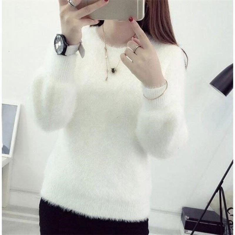 Зимние пуловеры из искусственной норковой шерсти с начесом, однотонные, женские, эластичные, повседневные, с круглым вырезом, длинными рукавами-фонариками, женские трикотажные топы one size белый