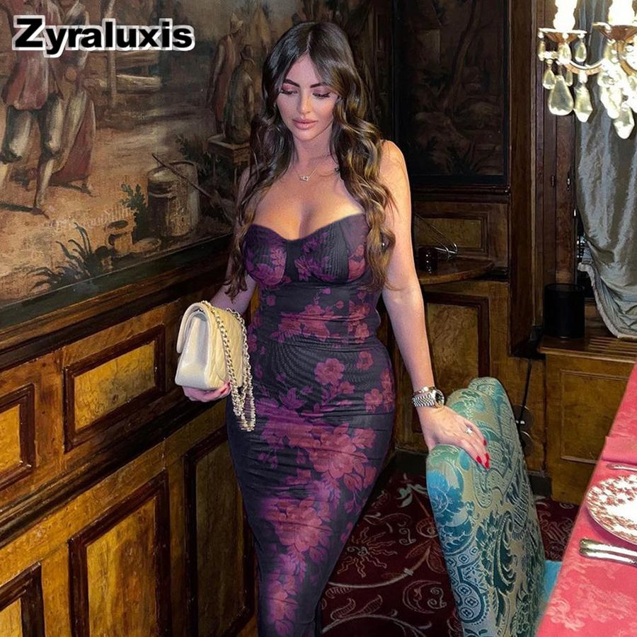Women's Elegant Slim Fit Ruched Waist Dress Floral Print Long Gown