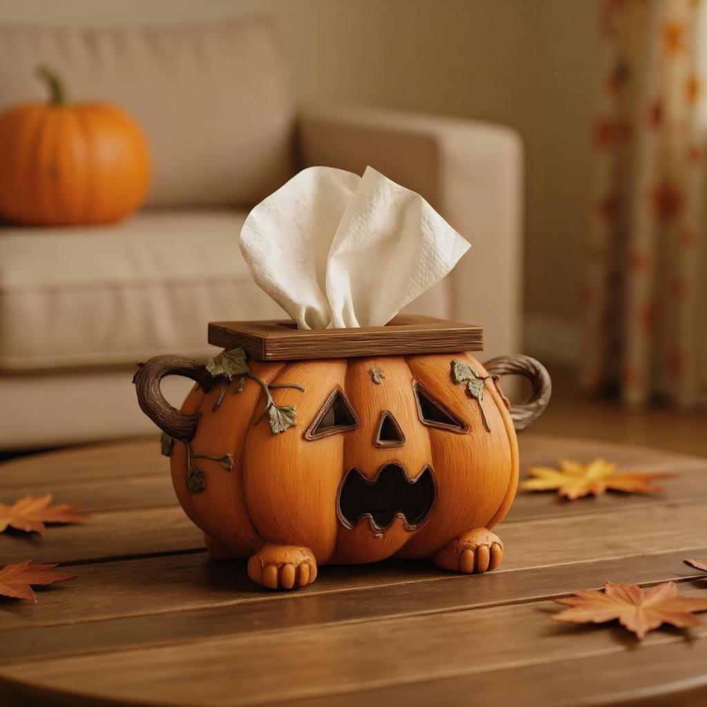 Halloween Decorative Pumpkin Shaped Tissue Box Cover Facial Paper Organizer Dispenser Holder for Desk Kitchen Nightstand