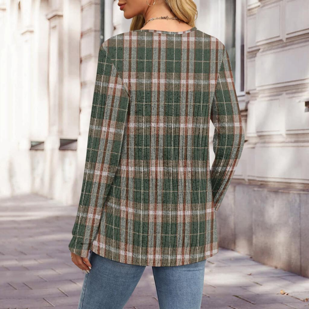 Women's Fashion V-Neck Button-Up T-Shirt With Check Print Long Sleeves