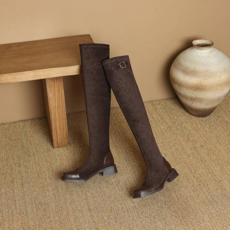 Autumn and winter middle heel square head suede over knee boots comfortable sleeve elastic women's boots Korean version rubber sole solid color leat