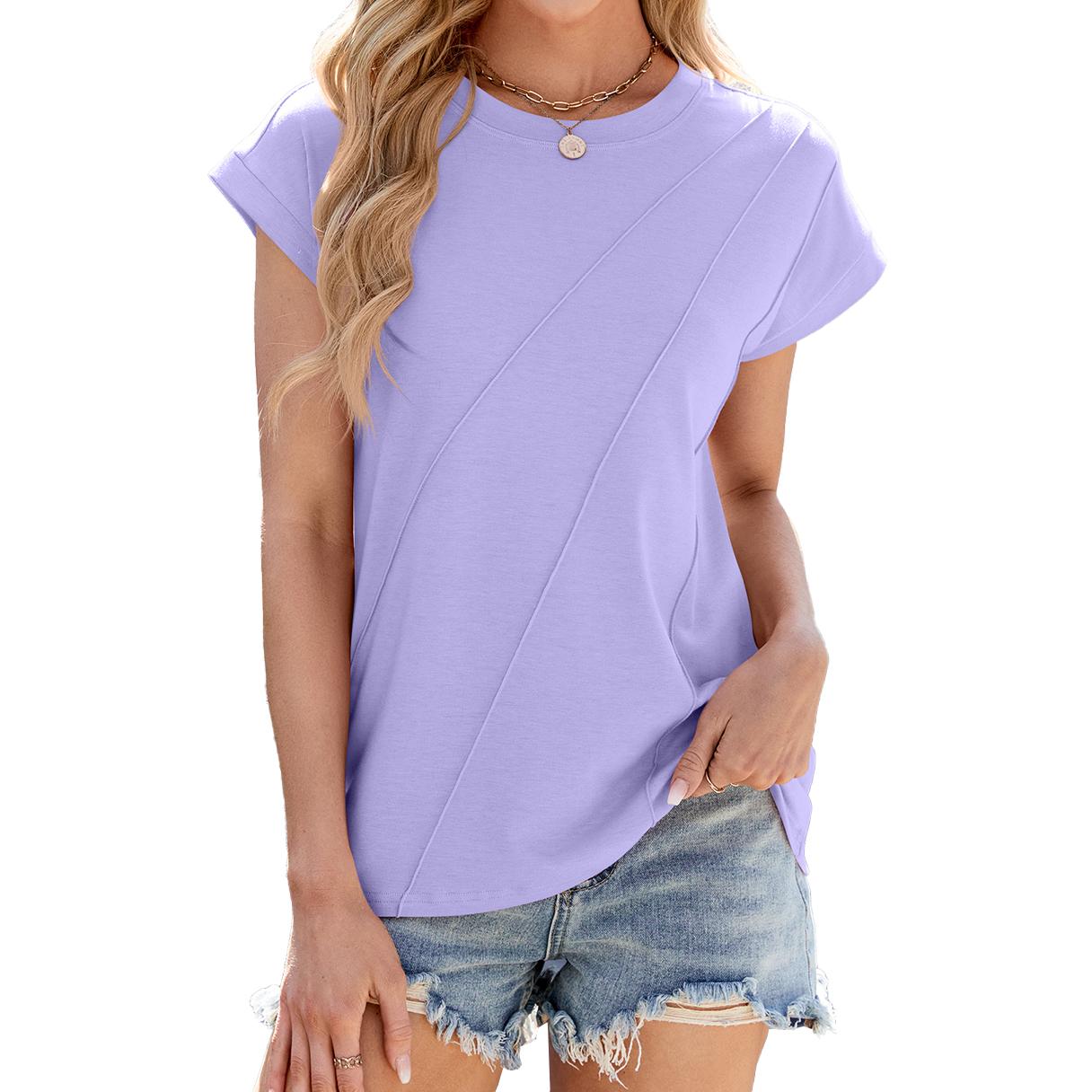 

2025 весна-лето новый однотонный круглый вырез свободный женский короткий рукав футболка топ XXL фиолетовый