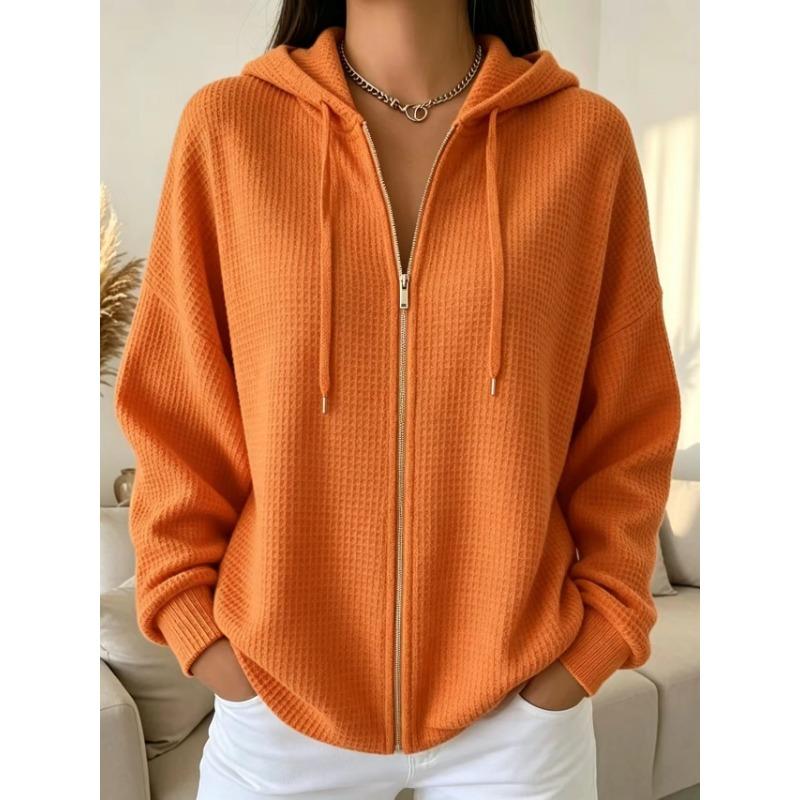 Women S Solid Color Zip Up Hooded Loose Knit Sweatshirt