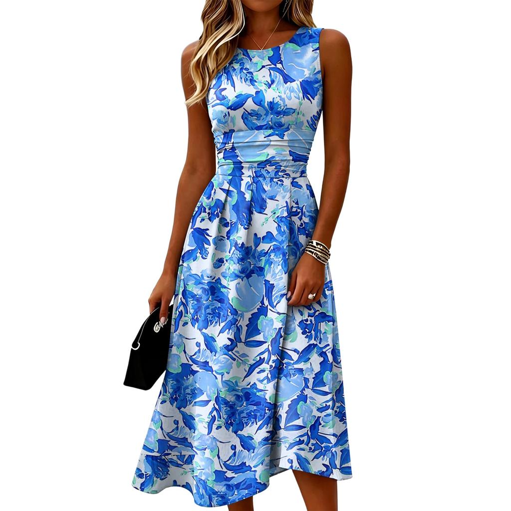Sleeveless Casual Dress for Women Round Neck Floral Printed Midi Length Summer Dress with Waist Detail