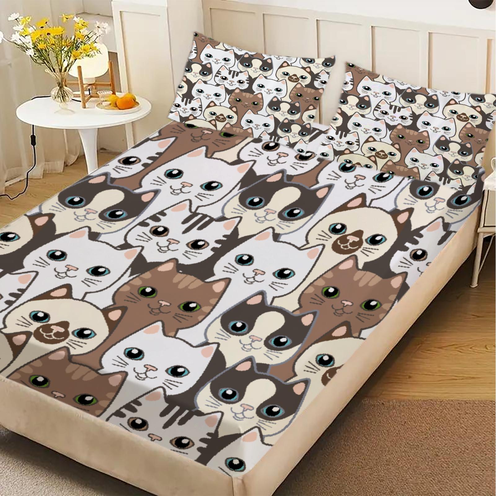 

3pcs Fitted Sheet Set Cute Cat Faces Pattern Print Anti-Slip Durable Bed Sheet With Pillowcases For Bedroom Decor 99x190x25cm
