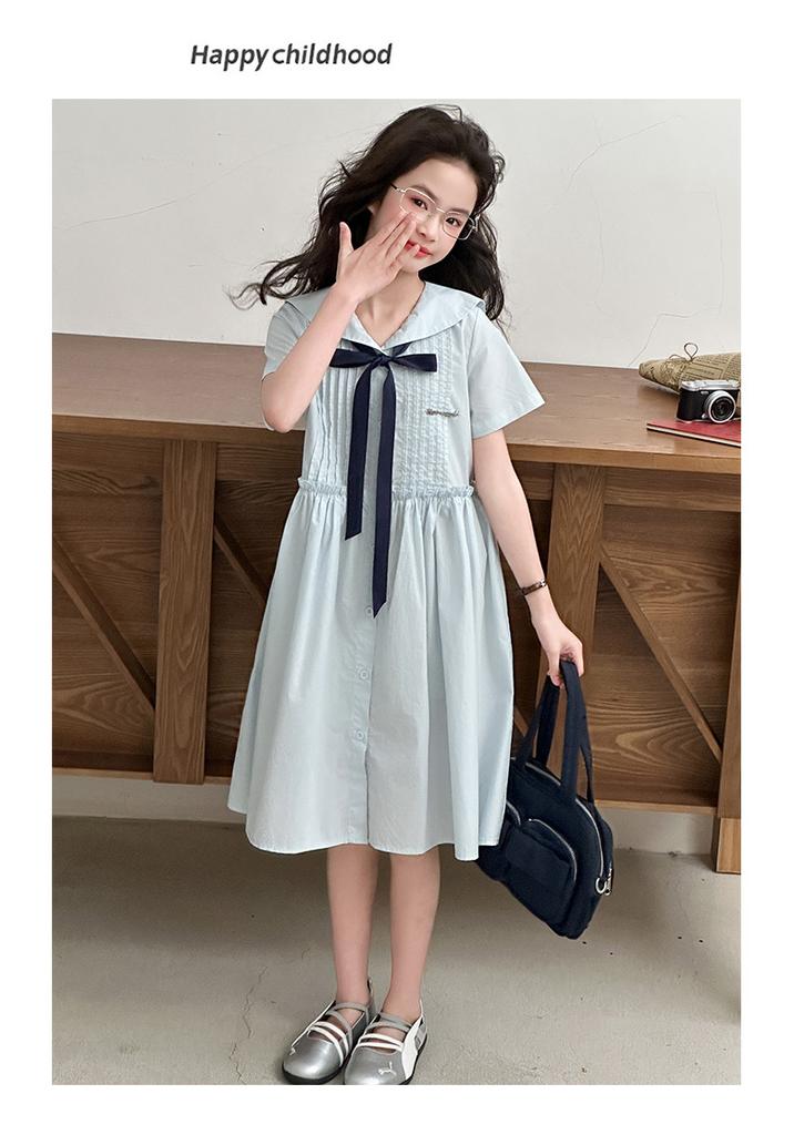 Girls' Korean Version College Style Summer Dress, New Summer Children's Stylish Navy Collar Bow Dress