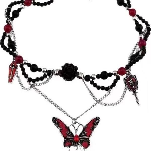 Dark Gothic Butterfly Flower Beaded Necklace Female High Sense Chocker Babes Sweet Cool Collarbone Chain Accessories