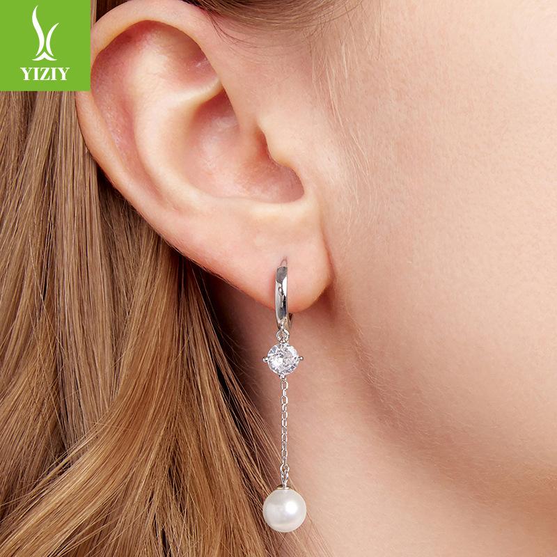 S925 Sterling Silver Bead Fringed Ear Buckle Smart Shining Long Face Small Earrings Earrings