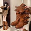 Women's Wide Width Hong Kong Style Boots, Buckle Detail Knee High Leather Boots, Chunky Heel Wholesale Booties for Women