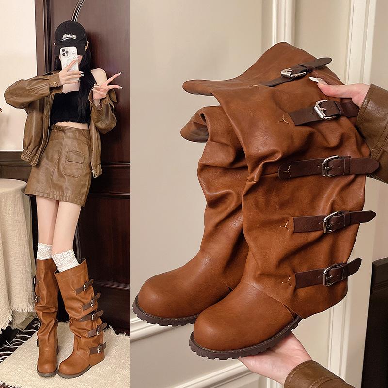 Women's Wide Width Hong Kong Style Boots, Buckle Detail Knee High Leather Boots, Chunky Heel Wholesale Booties for Women