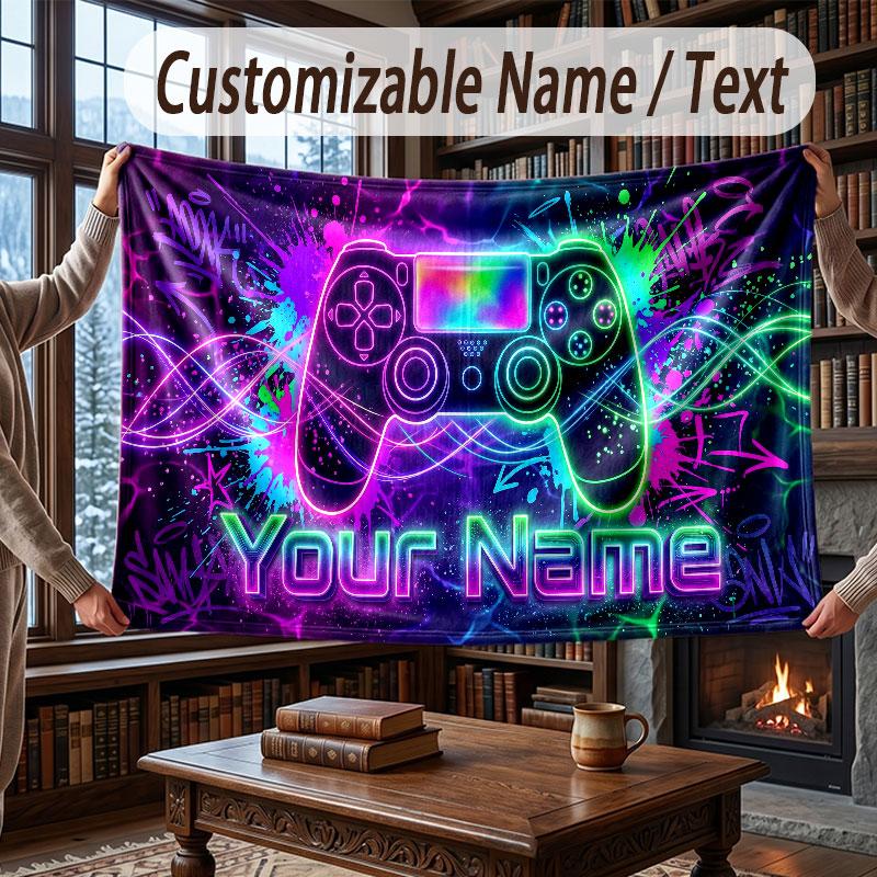 Game Controller Theme Throw Blanket Custom Name Text Personalized Blanket Soft Cozy Blanket for Home Sofa Bed