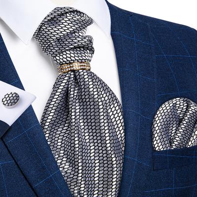 Ascot Tie for Men Gold Tie-Ring Fashion Cravat Silk Tie Hanky Cufflinks Set for Party Gift