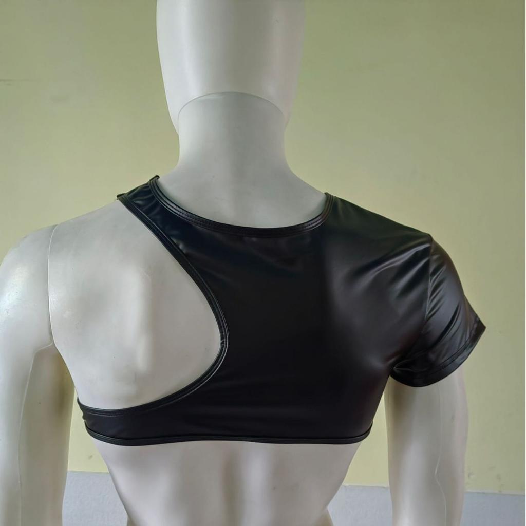 Top Erotico da Uomo Nero Rete Traforato Monospalla Senza Seno Manica Corta Pelle Verniciata Sexy Gilet