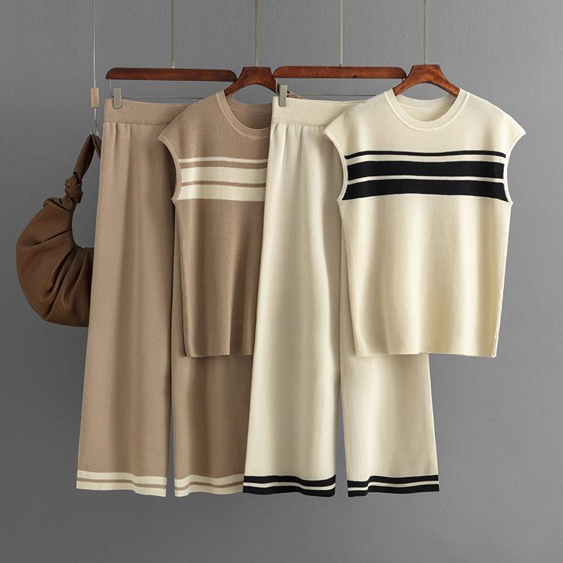 New fashion casual suit loose contrasting color striped sleeveless top + high waist wide leg trousers two-piece set