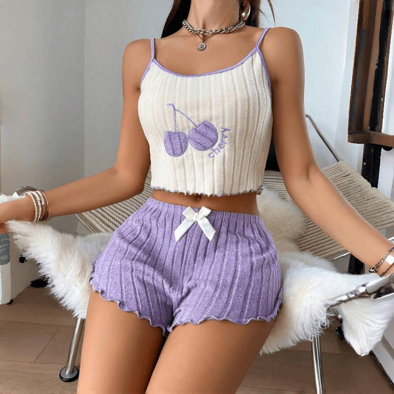 Europäischer & Amerikanischer Stil Damen Bestickter Pyjama Set: Gebürstetes Camisole Tanktop & Shorts für Zuhause