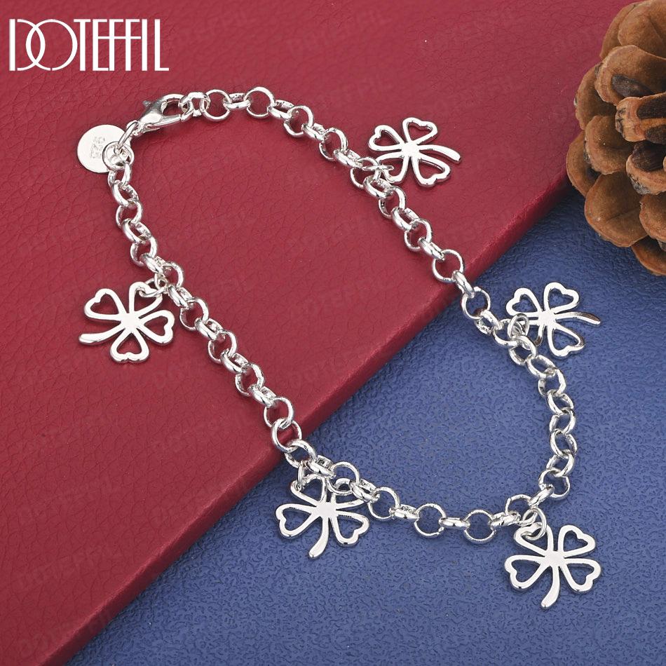 925 Sterling Silver Fashion Four Leaf Clover Bracelet Wedding Jewelry