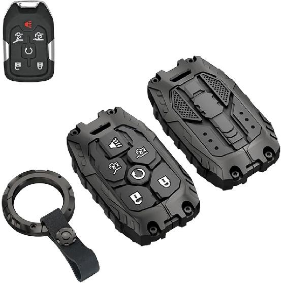 Heavy Key Fob Cover Case Protector For Chevy, Keychain, Accessories For Chevy Suburban Tahoe 2015 2016 2017 2018   GMC Yukon (Type-C 6 Buttons)