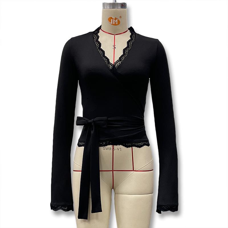 Casual Lace T-Shirts Women 2026 Summer V-Neck Sexy Slim Flare Long Sleeve Lace Up T-Shirt Female Commuting Fashion Tops Tee
