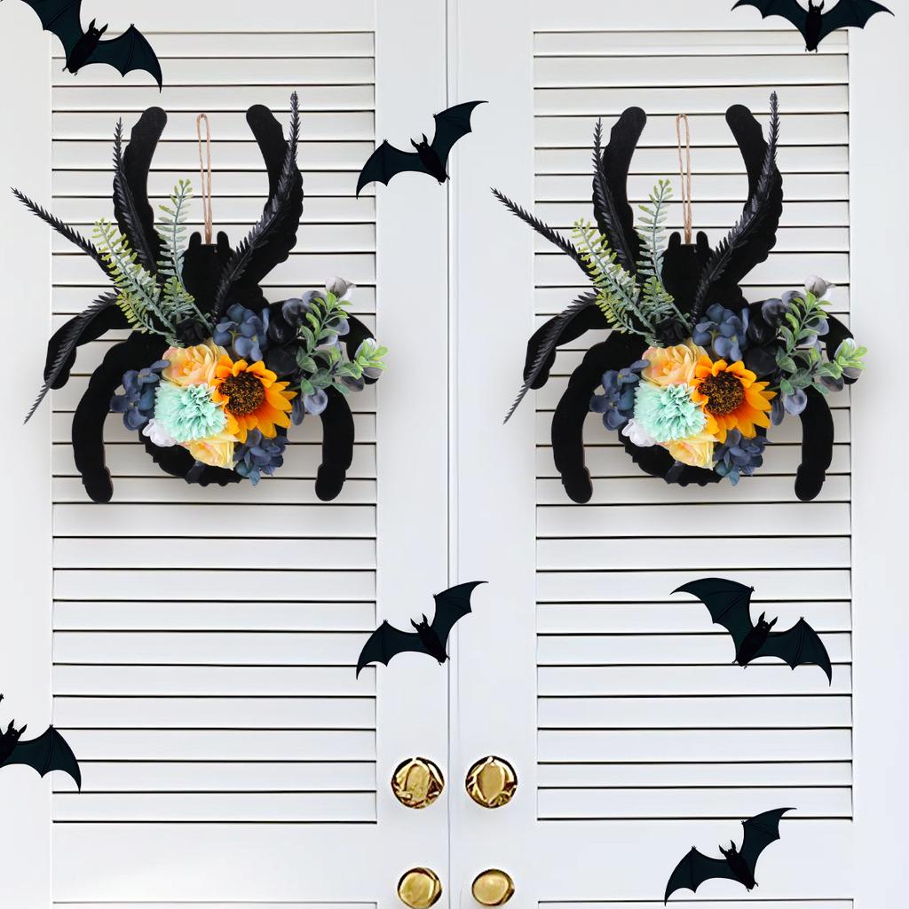 1pc Spider Wooden Sign Door Hanging Halloween Decoration Simulation Flower Wreath Hanging Sign Rattan Ring WindowWall Hanging
