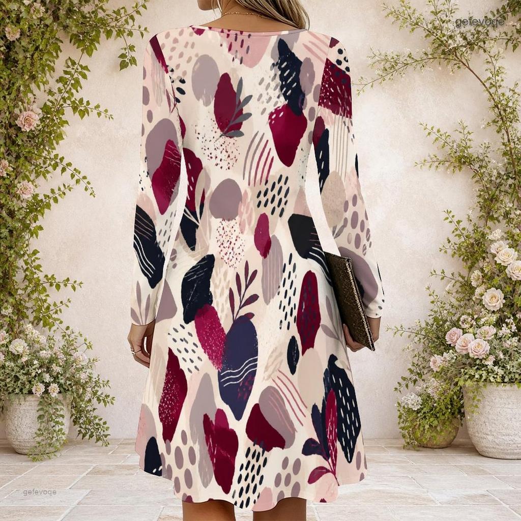 Women Criss Cross V Neck Long Sleeve Green Beige Printed Irregular Hem Dress