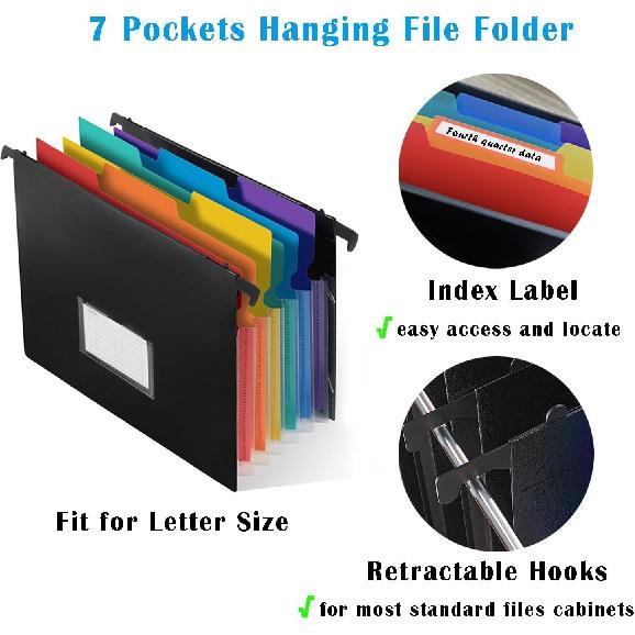 TRANBO 7-Pockets Hanging File Folder with Retractable Hooks for Filing Cabinet, Letter Size Expandable Accordion File Organizer with Elastic Band for