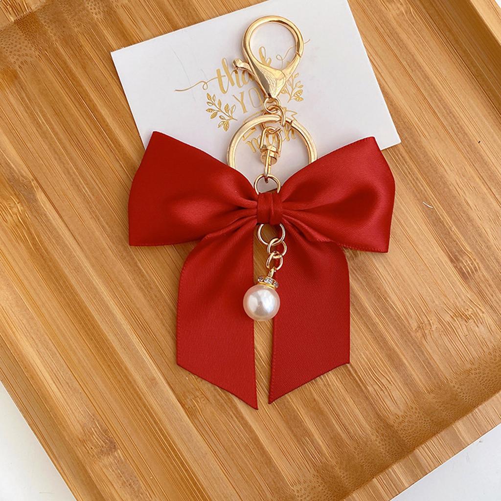 Elegant Ribbon Bows Keychain With Imitation Pearls Detail For Handbag Purse Decoration Practical Alloy Keyring Accessory