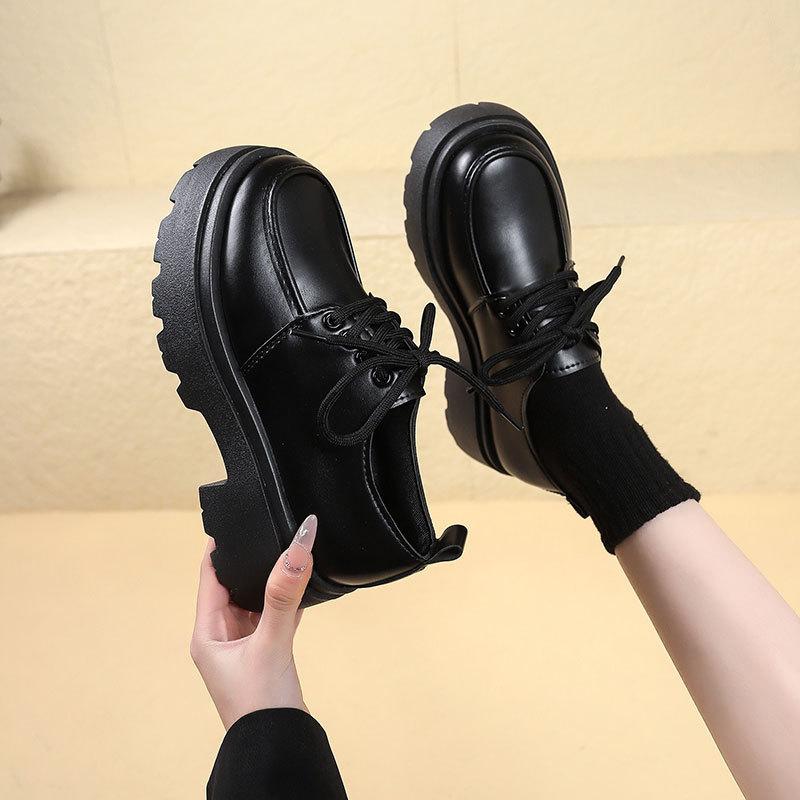 Platform small leather shoes women's autumn new retro British style heightened black college style lace-up